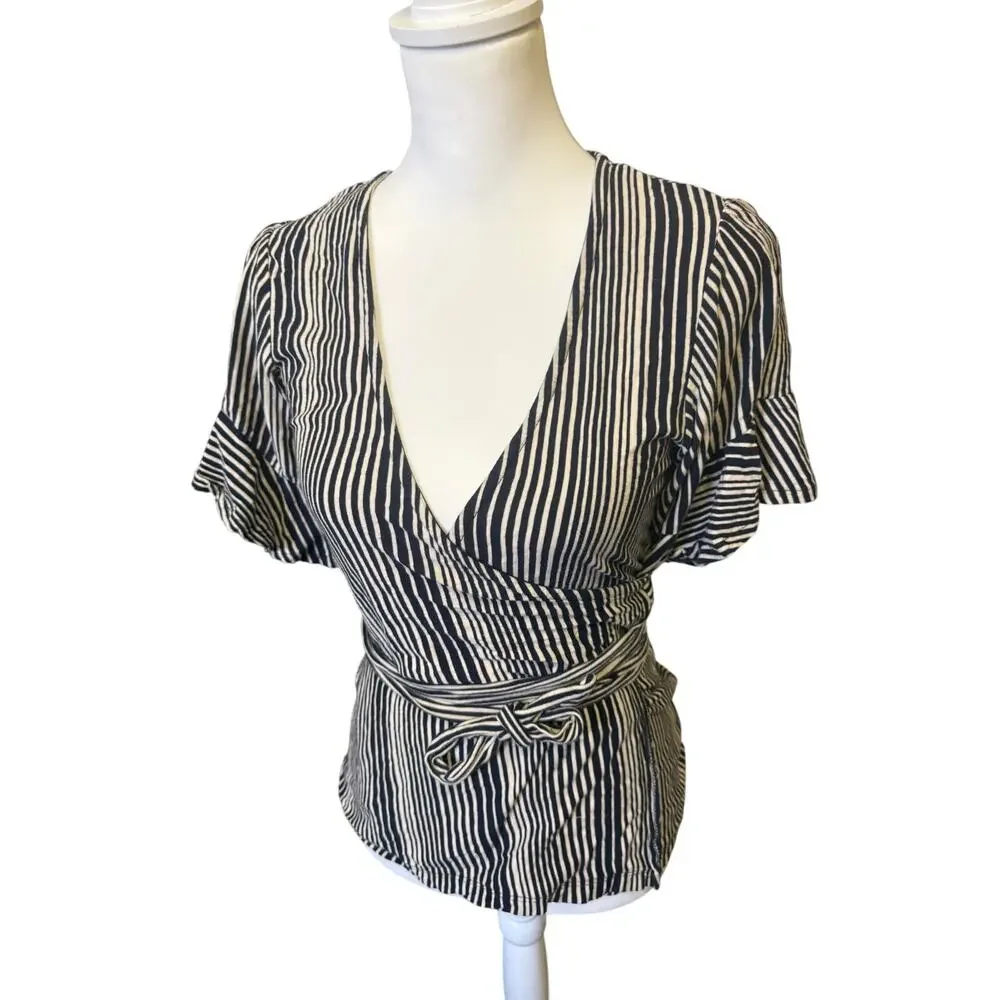 Free people womens M black and cream striped wrap top flutter sleeve tie waist